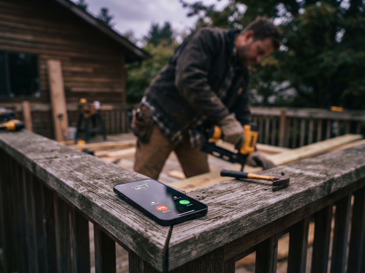A smartphone lighting up with an incoming call while resting on a wooden deck railing, a contractor focused on work in the background.