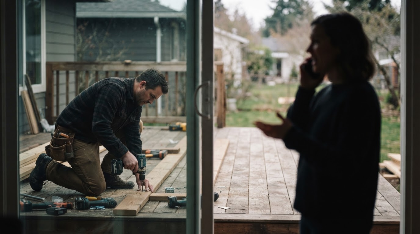 A split scene — a contractor still working while a homeowner moves forward with another provider in the background.
