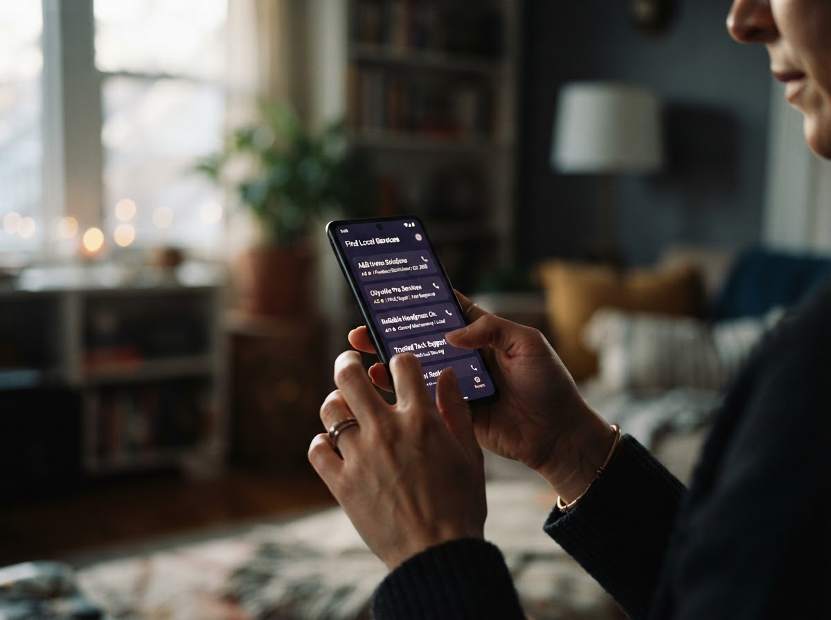 A homeowner's hands holding a phone, scrolling through local service providers in a dim residential interior.