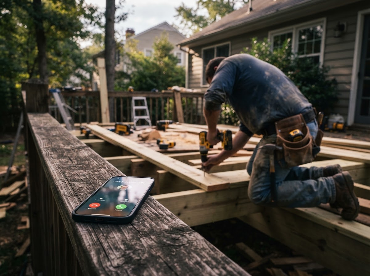 A residential contractor focused on building a wooden deck while a phone rests on the railing nearby.