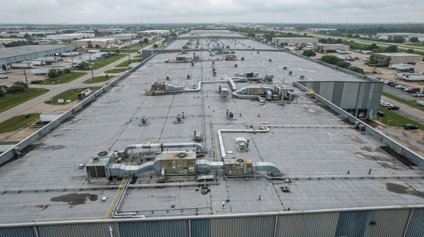 Aerial drone view of a commercial flat roof under inspection
