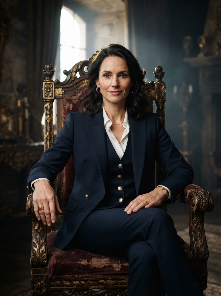 Executive spokesperson seated in a real antique throne delivering the Magnestra & Synstella Conglomerate throne room address