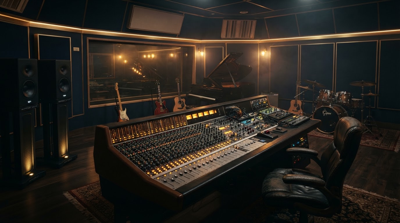 High-end luxury music recording studio with mixing console, grand piano, guitars, drum kit and synthesizers — Synstella creator and artist monetization