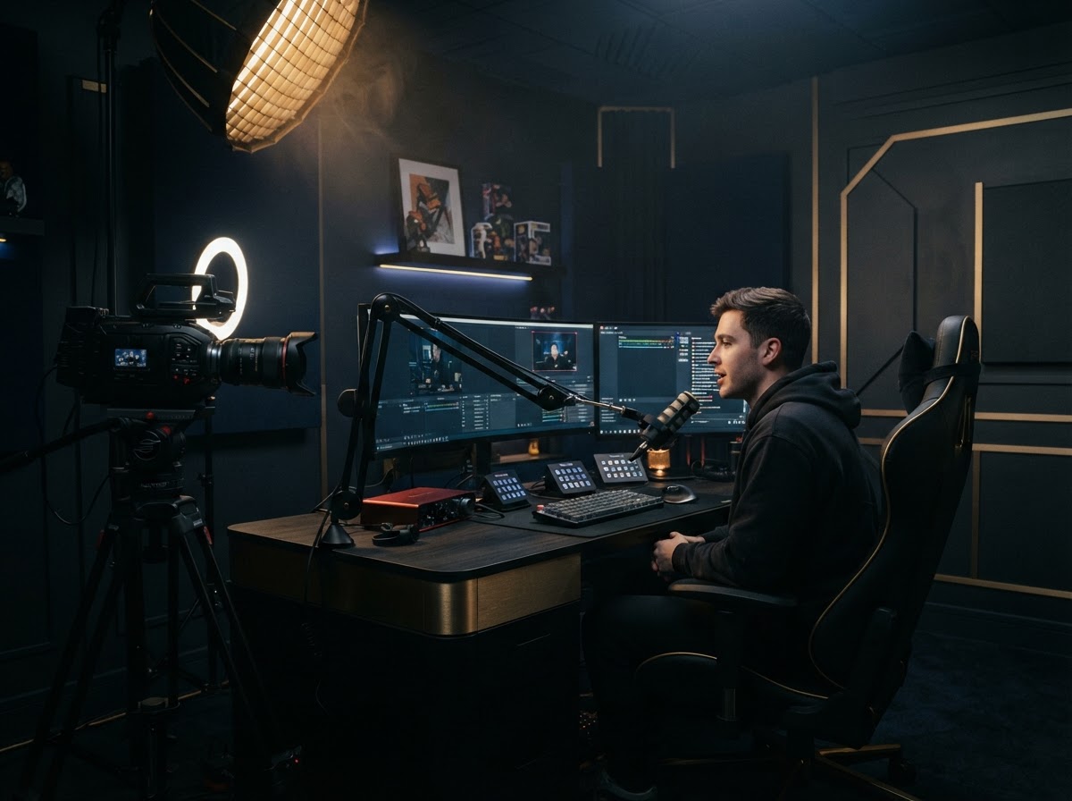 High-end live-streaming broadcast studio with multi-monitor setup, cameras and lighting rig — Synstella live streamer monetization