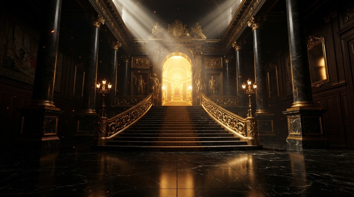 The golden ascent — a grand staircase rising toward the imperial throne hall