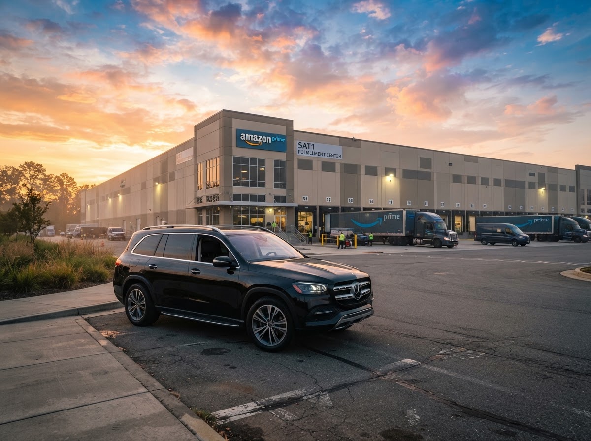 Black 7-passenger SUV in front of Amazon warehouse at sunrise