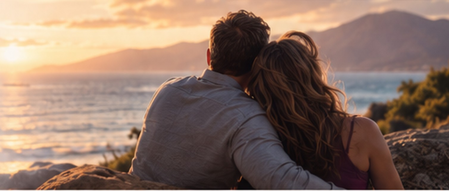 Couple watching a golden coastal sunset together