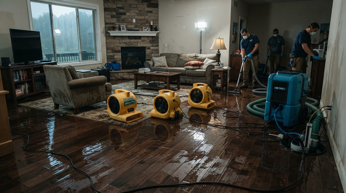 Water damaged residential living room with professional extraction equipment