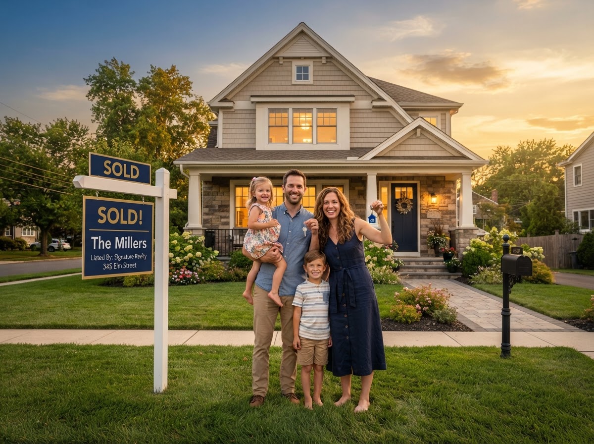 Family in front of a new home