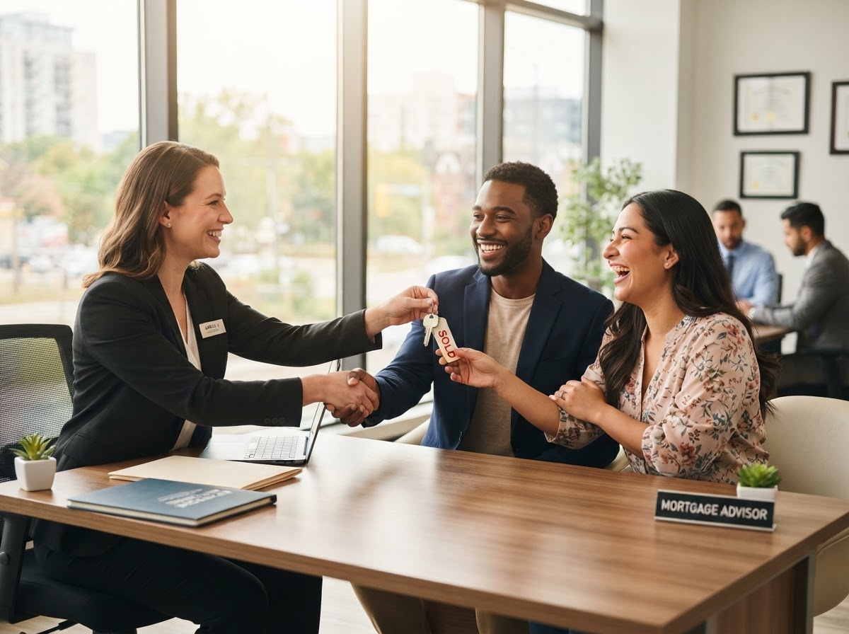 Couple receiving house keys from a mortgage advisor at closing