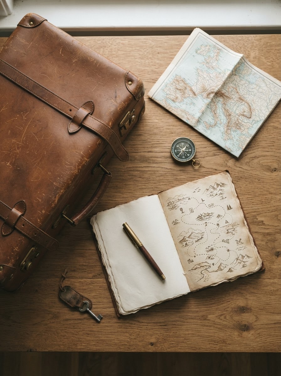 Travel-planning still life with a journal, map, compass, and suitcase.