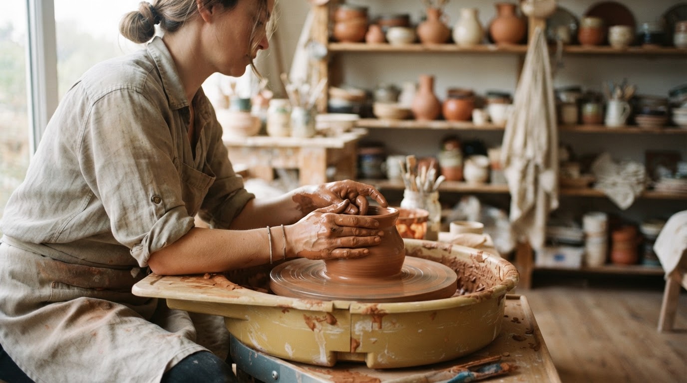 Hands shaping wet clay on a spinning pottery wheel in the Morrow ceramic studio