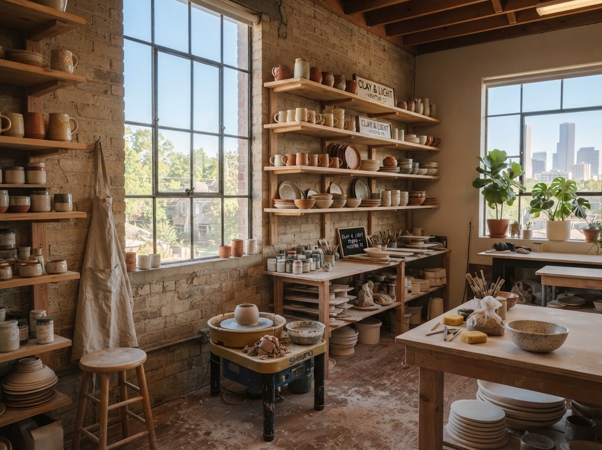Interior of the Morrow ceramic studio with shelves of handmade stoneware