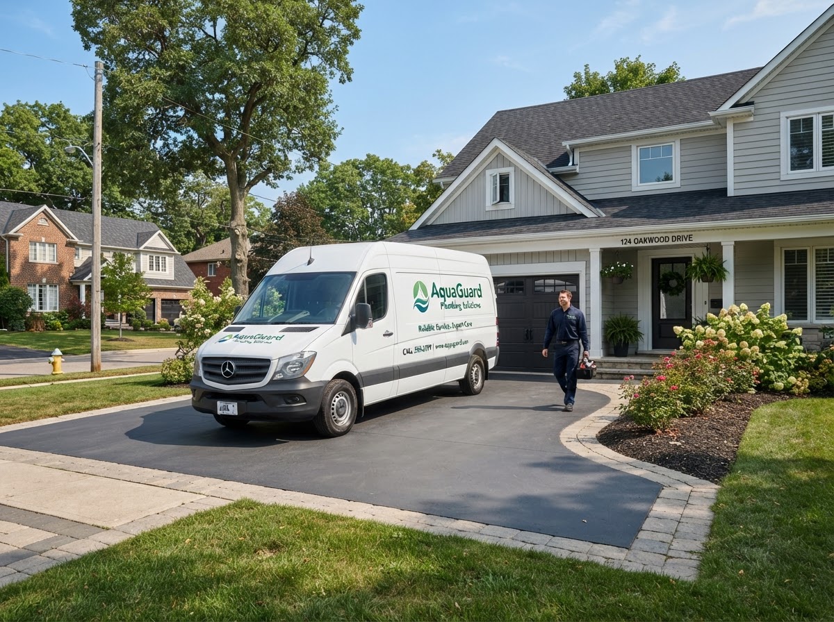 Plumbing service van with green branding parked outside a home