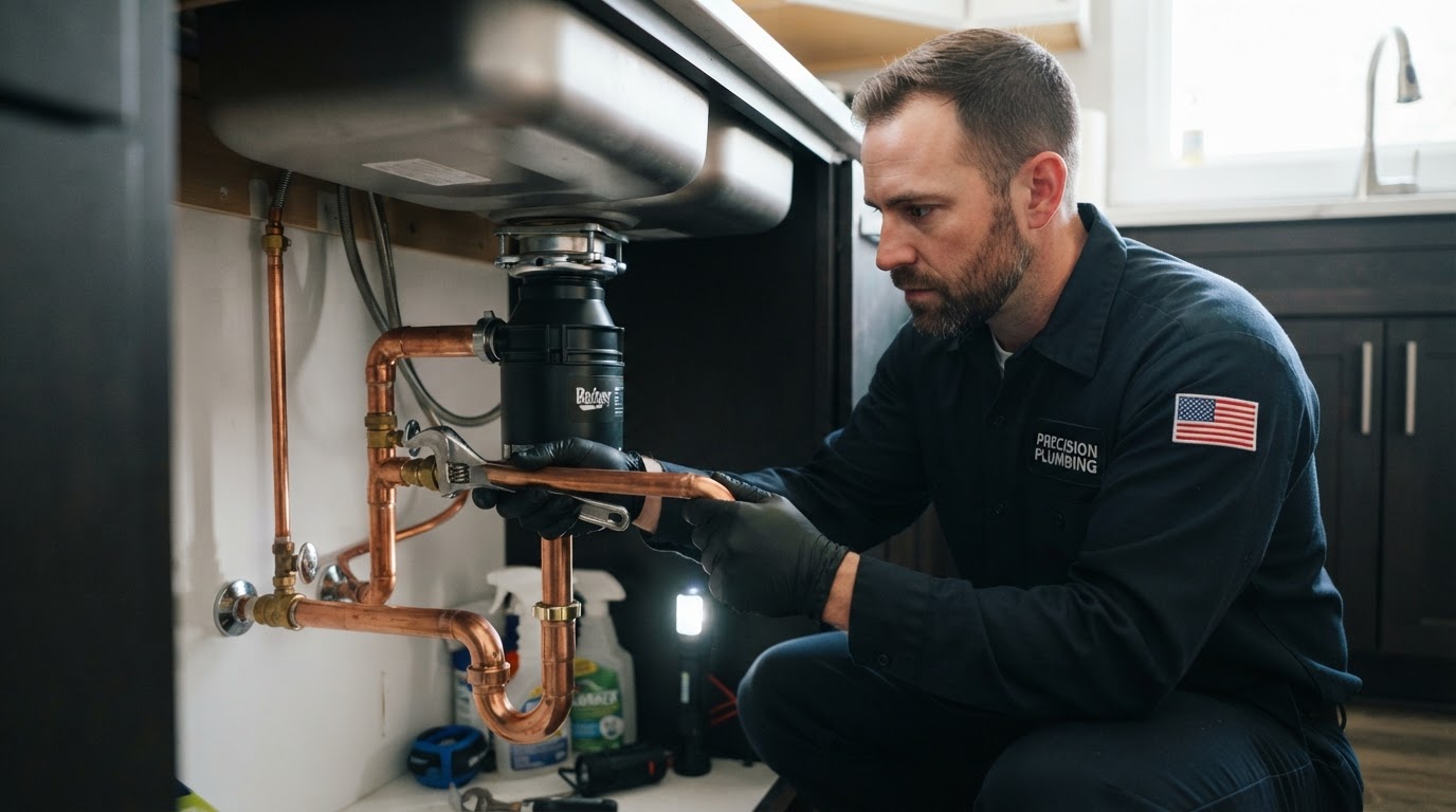Plumber in uniform servicing copper pipes under a kitchen sink