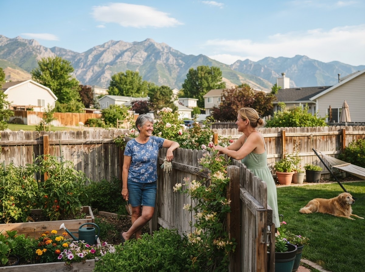 Two neighbors chatting across a backyard fence on a warm sunny day