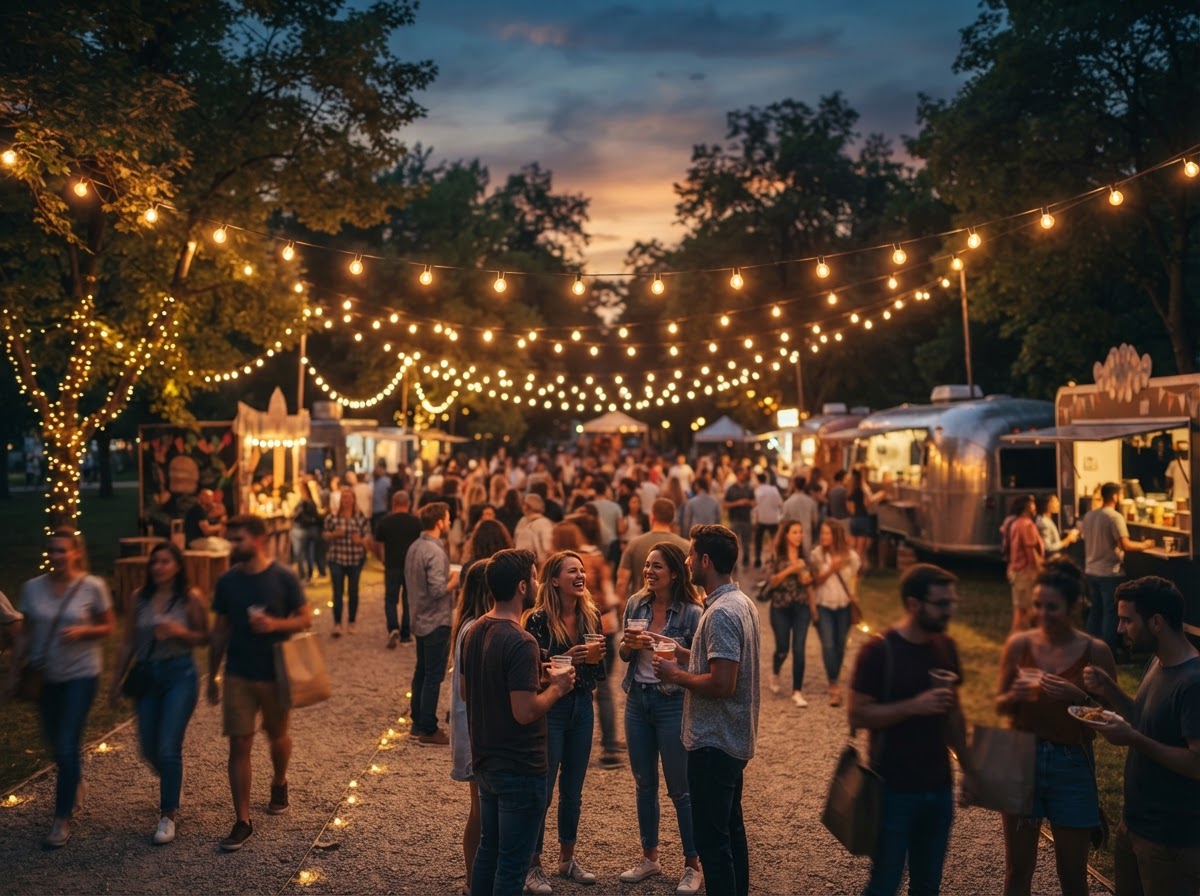 Warm string lights glowing above an evening community event in a park