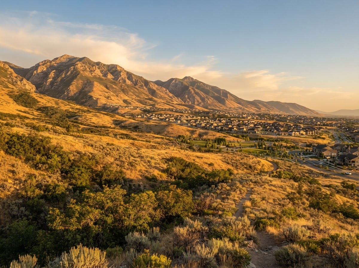 Oquirrh foothills near Herriman at golden hour, open sky