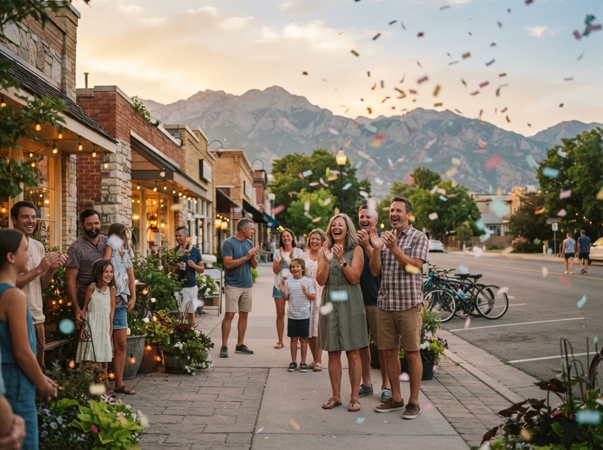 Neighbors applauding on a quiet suburban main street at golden hour, soft confetti drifting in the warm light