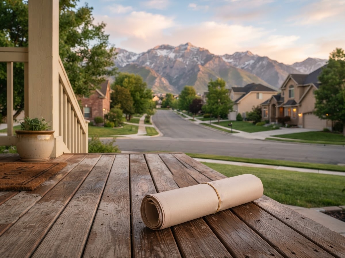 A rolled newspaper resting on a porch at sunrise, quiet suburban street behind
