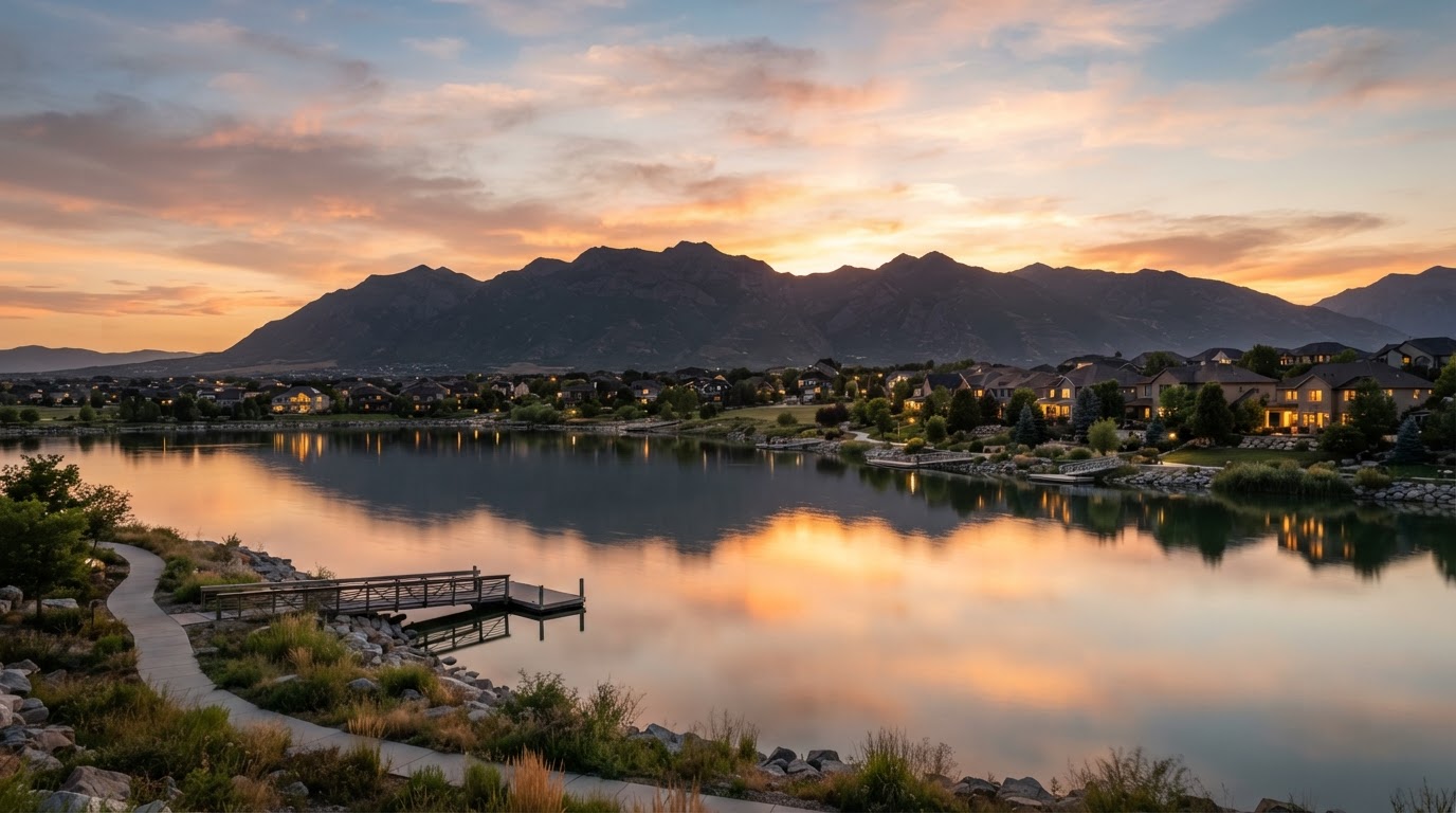 Daybreak Lake shoreline at sunset with the Oquirrh Mountains behind, South Jordan