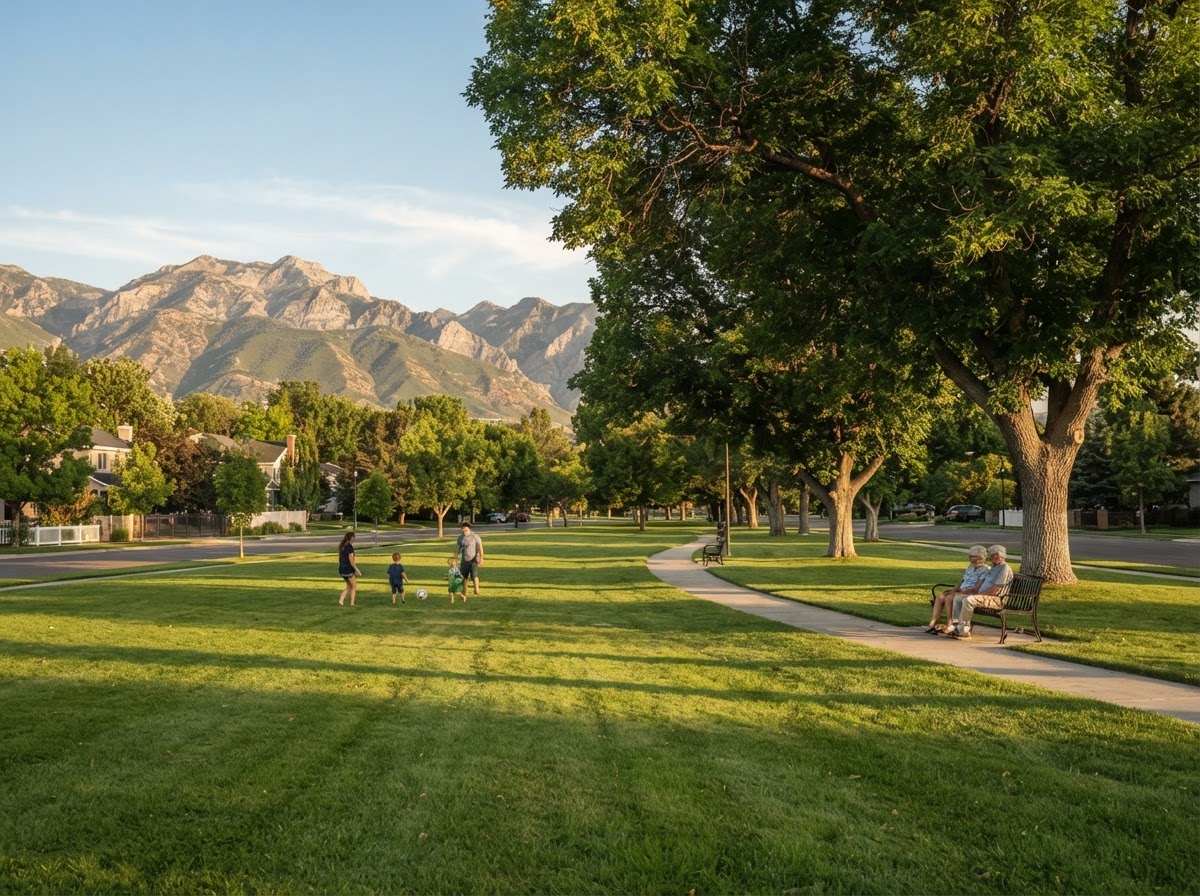Riverton City Park with large shade trees in late-afternoon sun