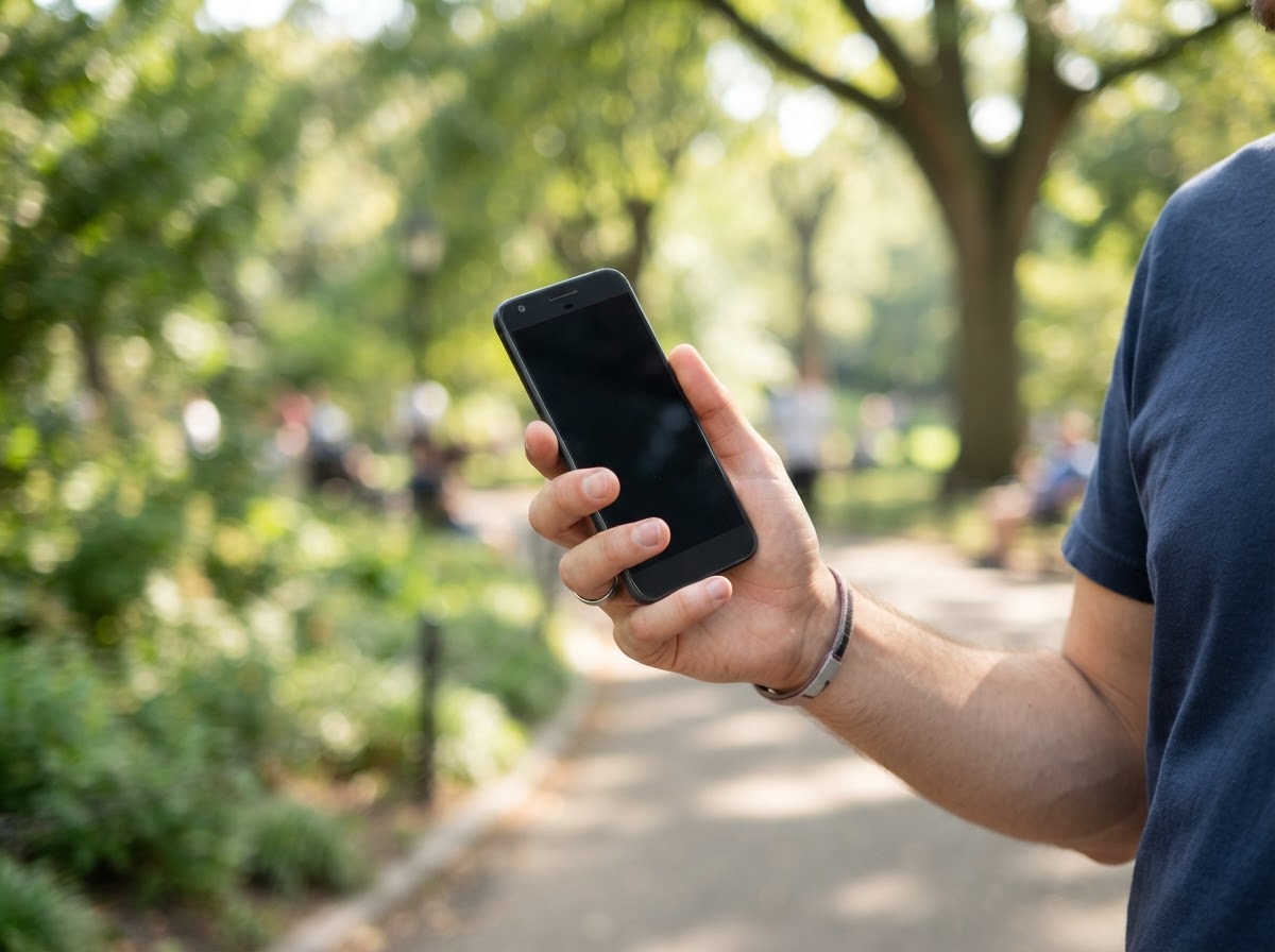 A hand holding a phone outdoors in a sunny park, screen unreadable