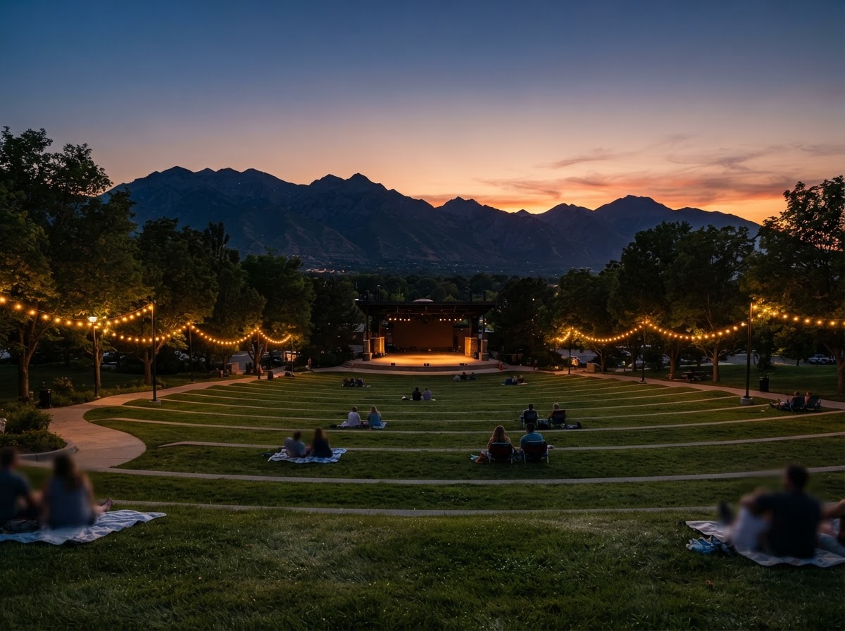 Amphitheater lawn in Sandy at dusk with the Wasatch front behind