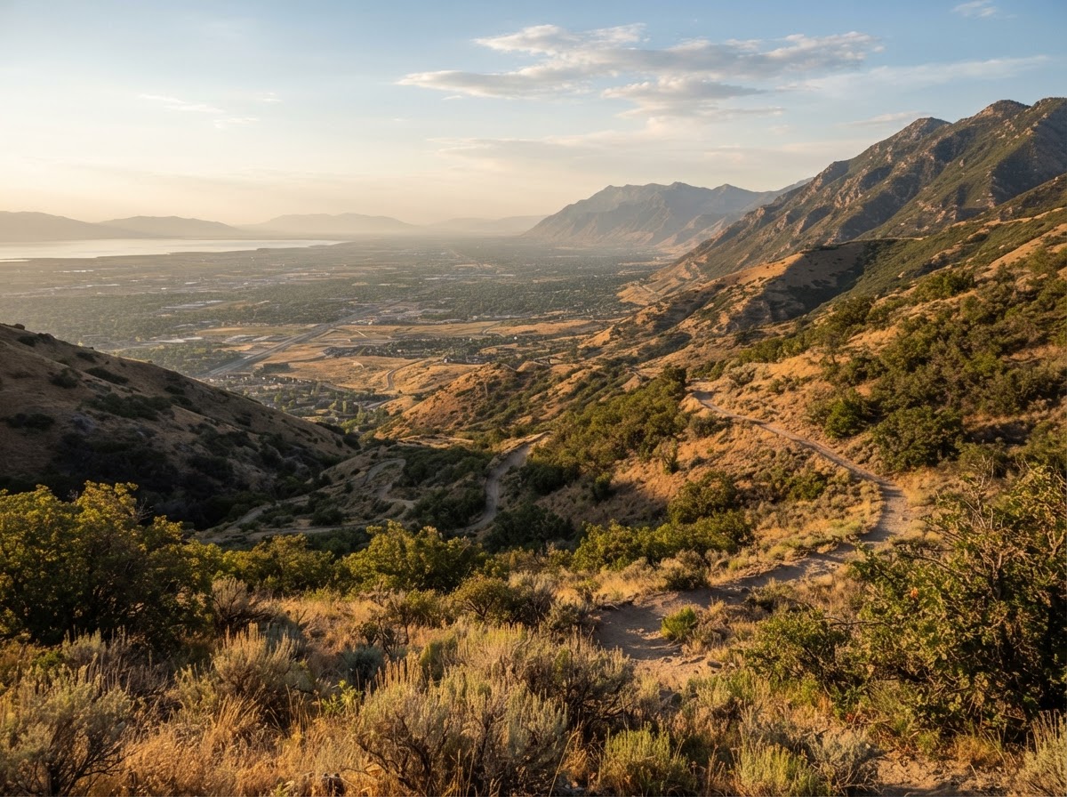 Corner Canyon in Draper at golden hour, the trail system at the canyon mouth with the Salt Lake Valley below