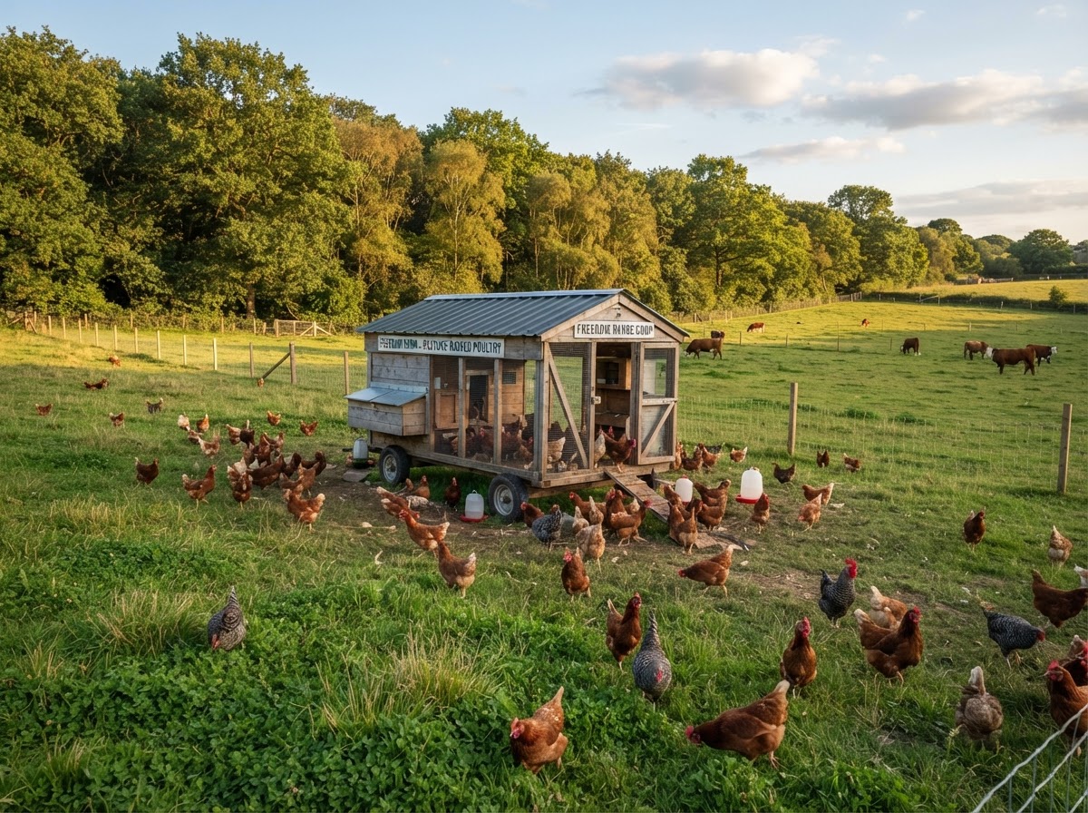 Pasture-raised chickens in a mobile coop on green pasture with a wooded edge