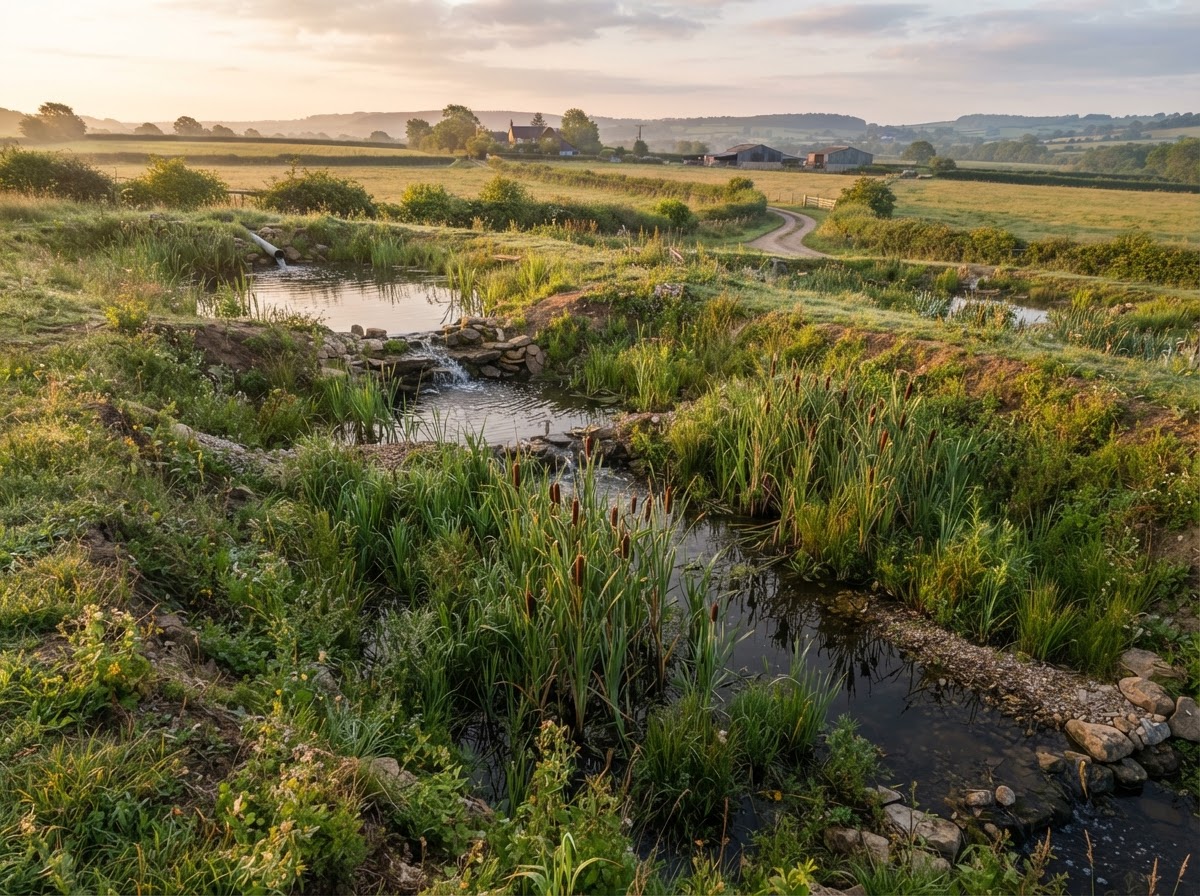 A constructed wetland with terraced pools, cattails, reeds, and native marsh plants for natural water treatment