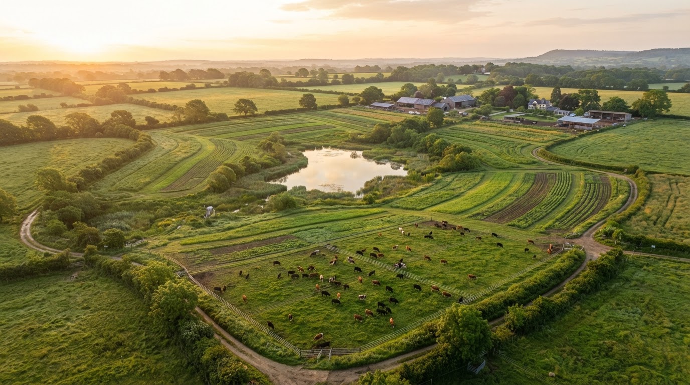 Regenerative farmland with restored pond and pasture at dawn