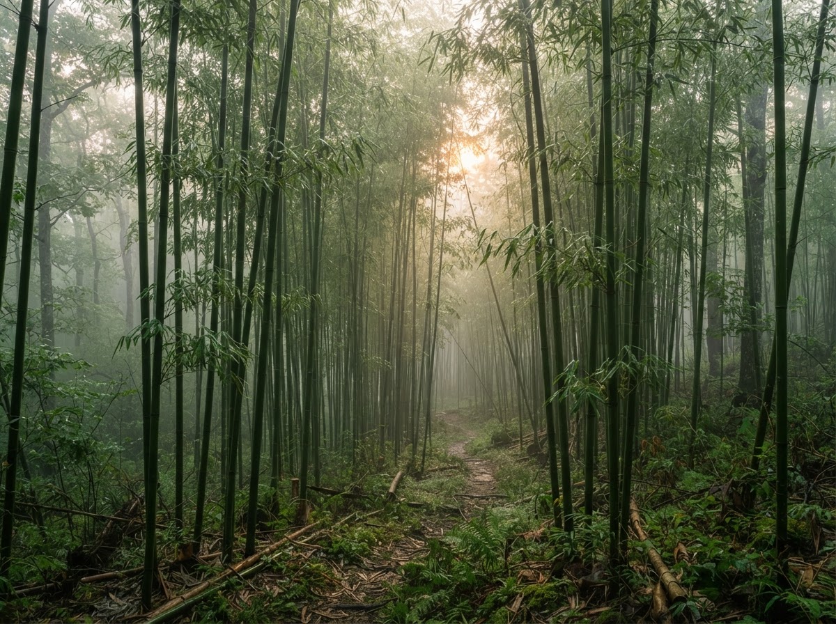 A tall green bamboo grove with sunlight filtering through the stalks