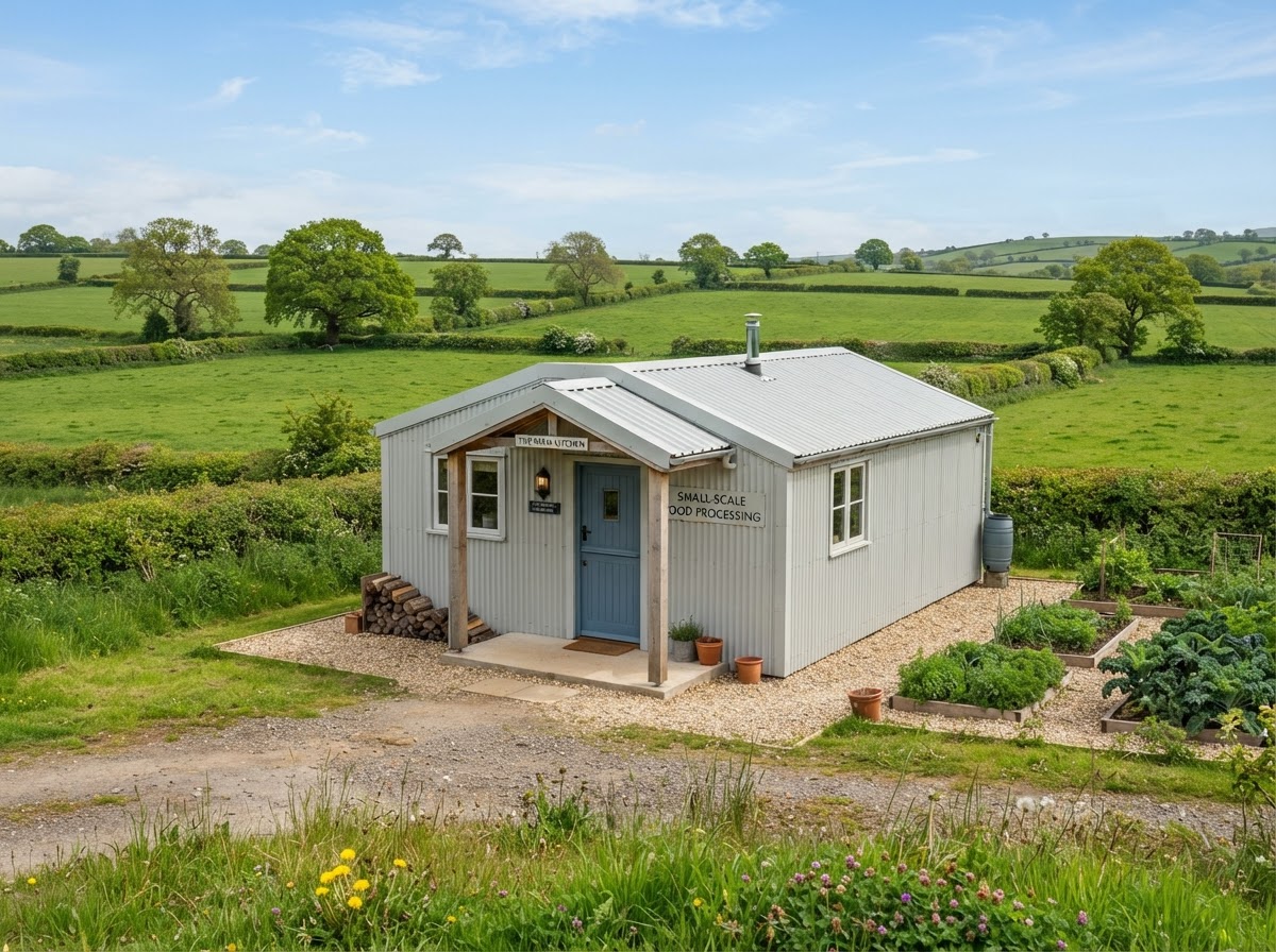 A small clean farm outbuilding for small-scale food processing among green fields