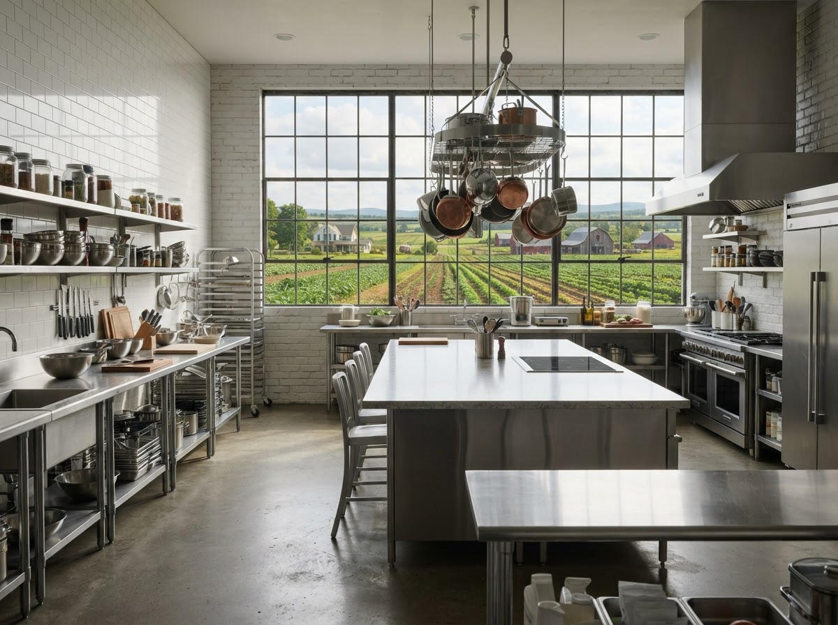 A bright commercial farm kitchen with stainless steel prep counters and a teaching island