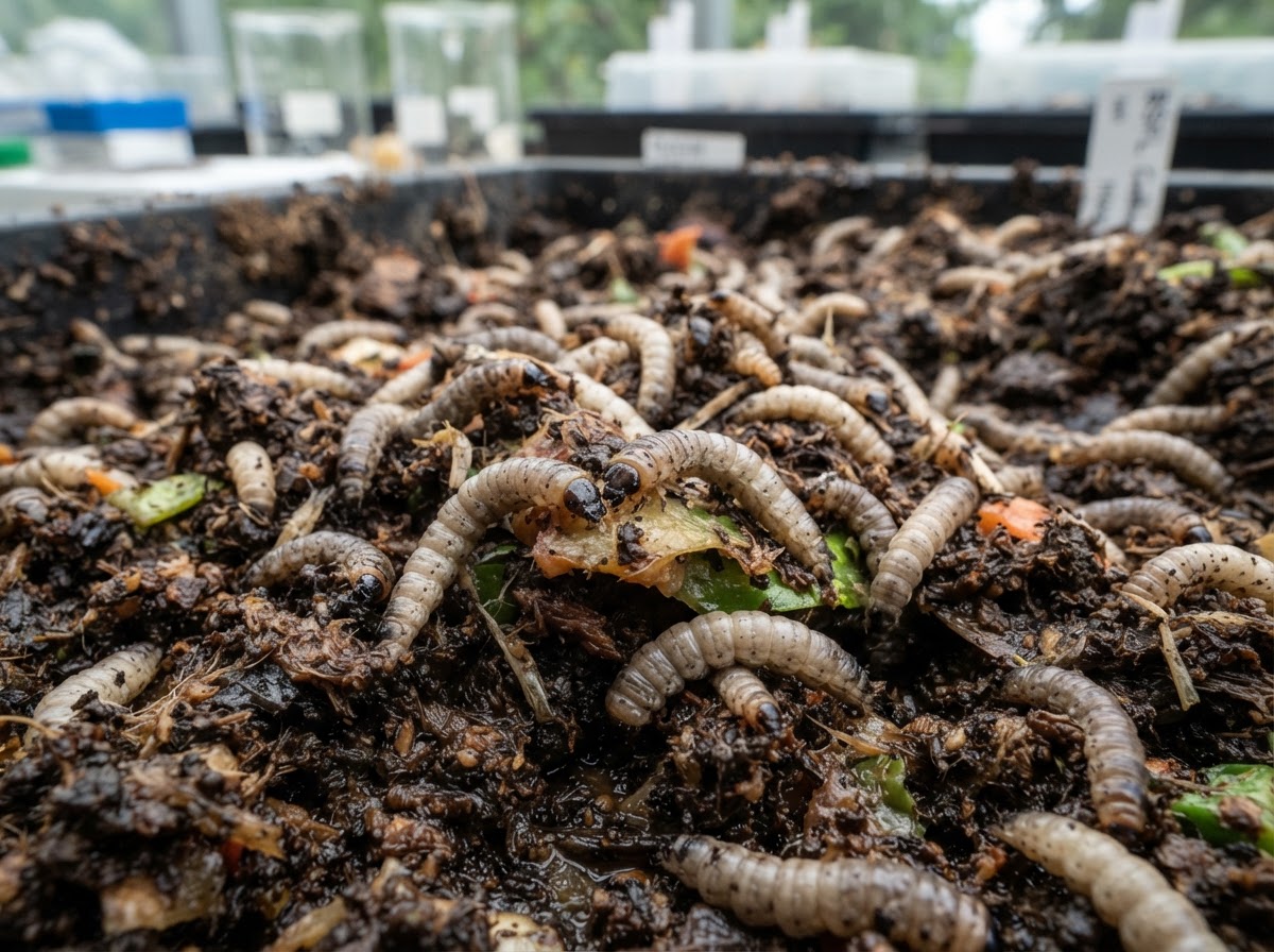 Black soldier fly larvae on a bed of organic compost substrate