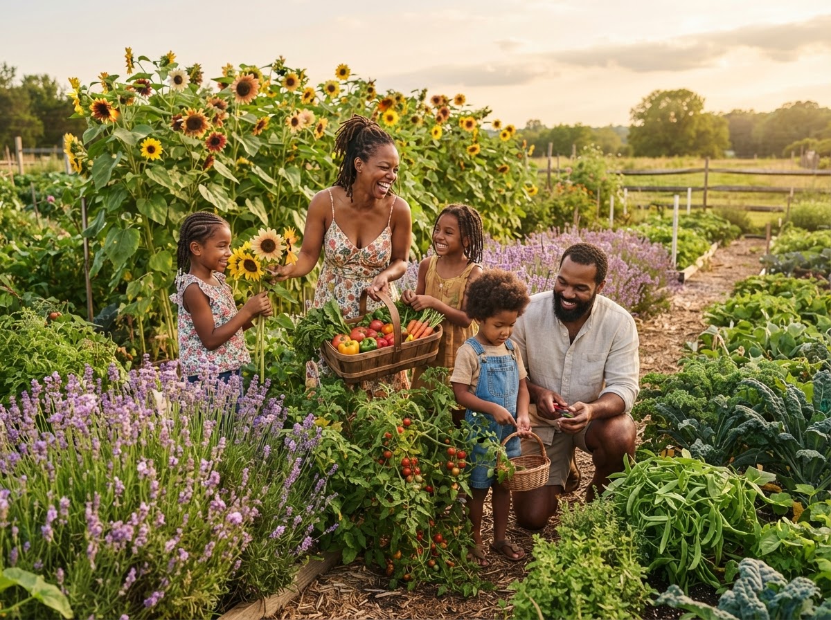 An African American family picking vegetables and flowers together in a sunny pick-your-own garden with lavender and sunflowers