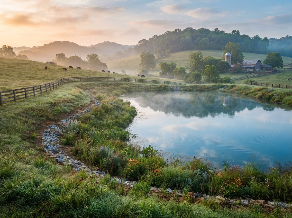Rainwater capture swales and a farm pond with native grasses