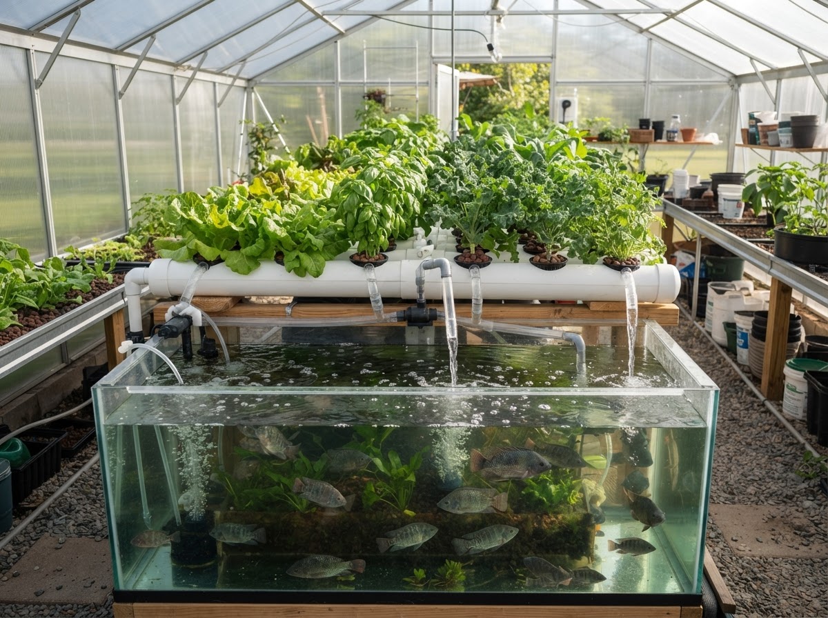 An aquaponics system with a fish tank and leafy greens growing in water beds