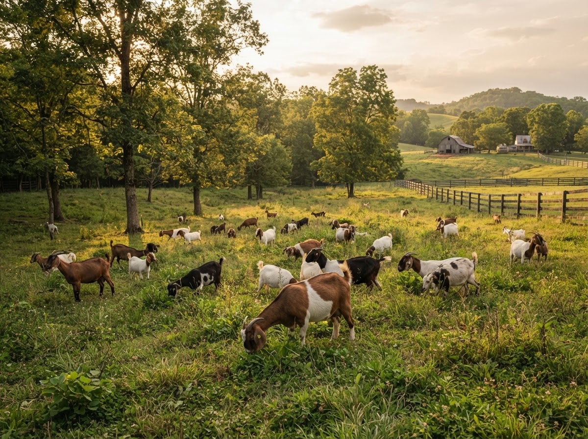 Goats grazing in a silvopasture with trees and green forage