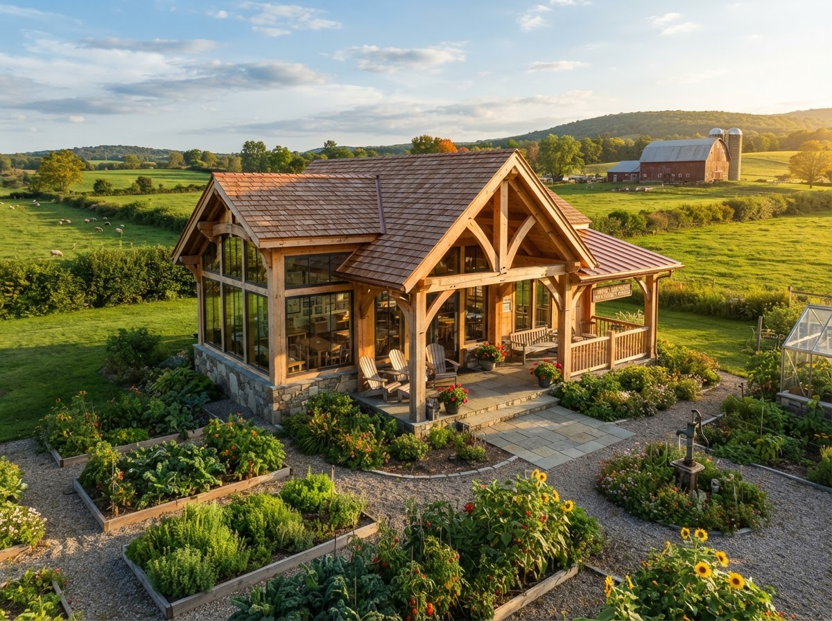 A timber-frame farm education center with a covered porch overlooking farmland and garden beds
