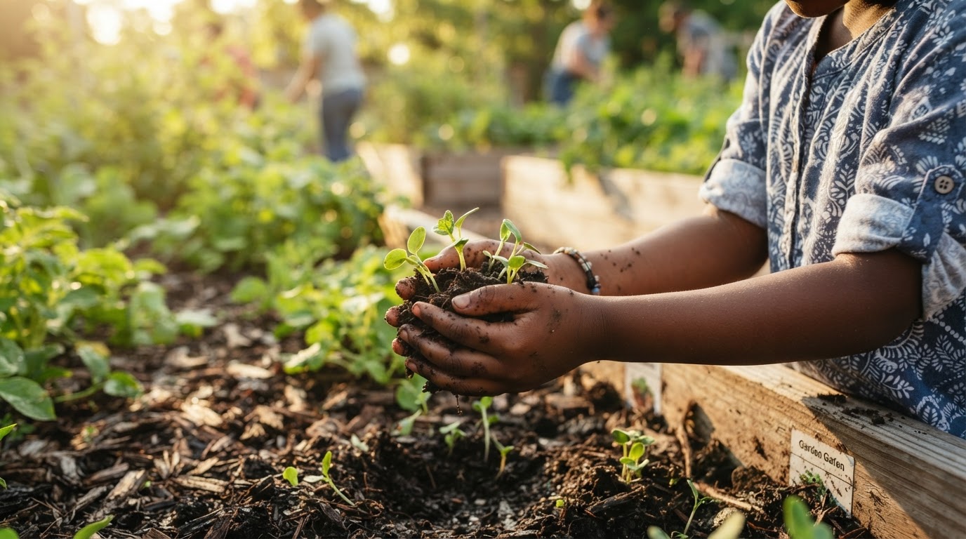 An African American child's hands cupping rich dark garden soil and green seedlings in a raised garden bed