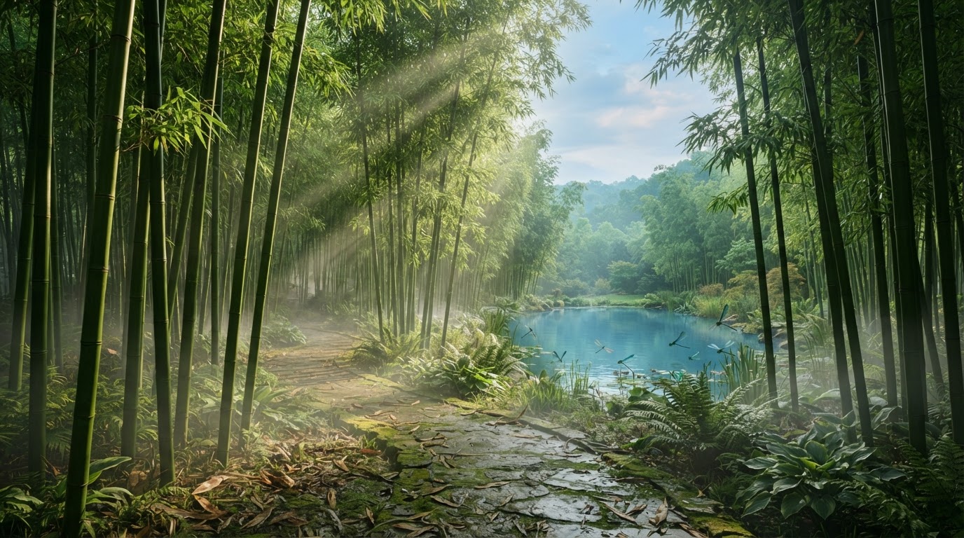 Sunlit bamboo grove with a pond, dragonflies, and mist