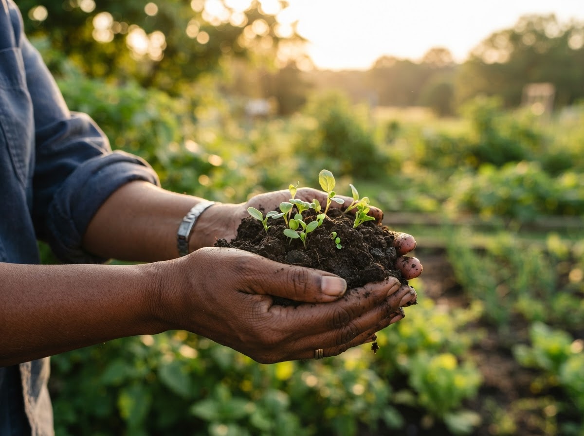Close-up of an African American farmer's deep brown hands cupping rich dark soil with small green seedlings in warm golden-hour light