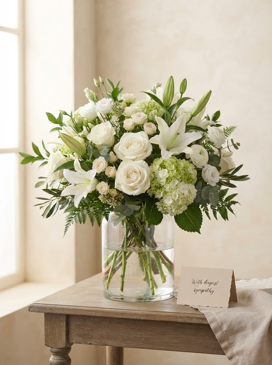 Gentle sympathy arrangement of mixed white blooms with white roses, lilies and green hydrangea in a clear glass vase