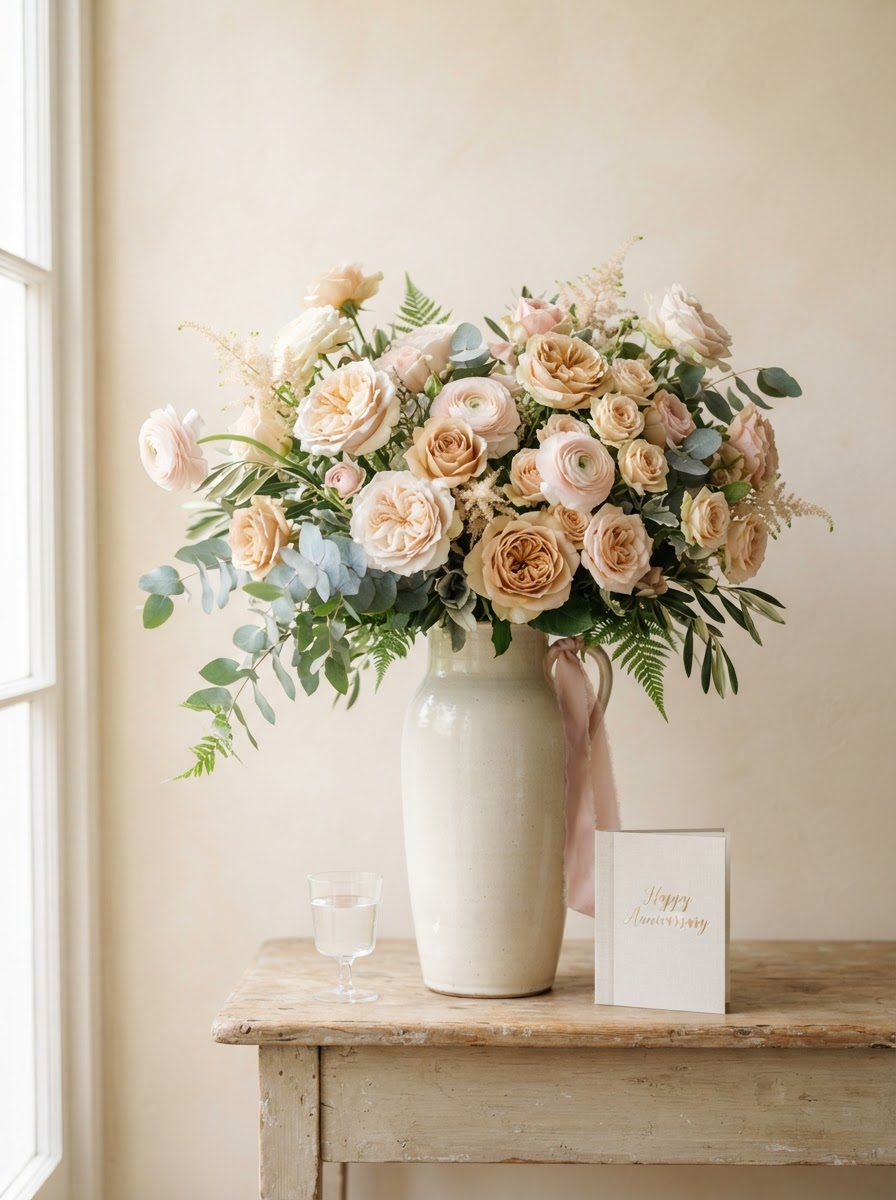 Luxurious anniversary arrangement of premium garden roses in blush and champagne with ranunculus and silver eucalyptus in a tall ceramic vase