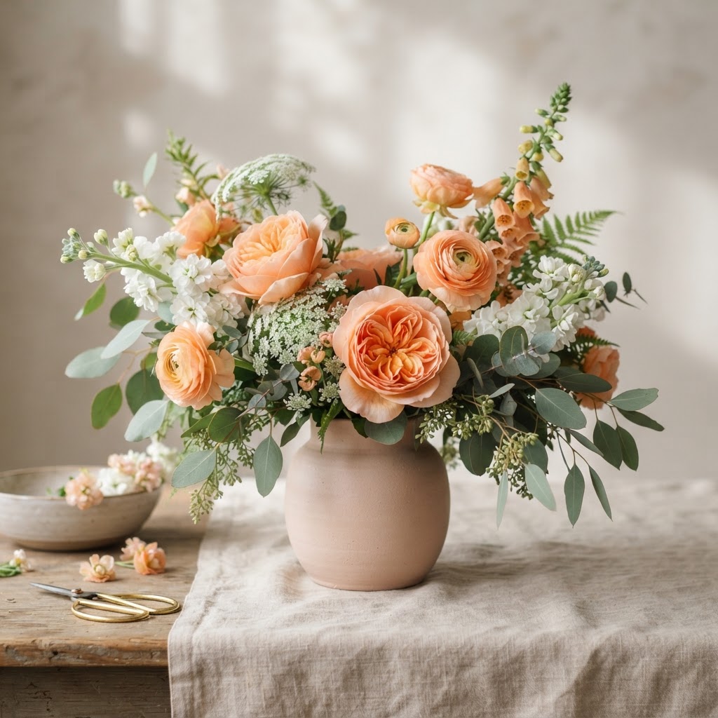 Warm peach arrangement of peach garden roses, white stock and peach ranunculus with eucalyptus in a blush ceramic vase
