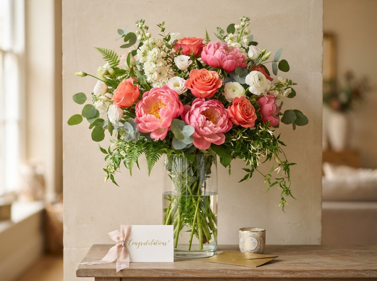Congratulations arrangement of vibrant pink peonies, coral roses and white stock in a tall glass vase
