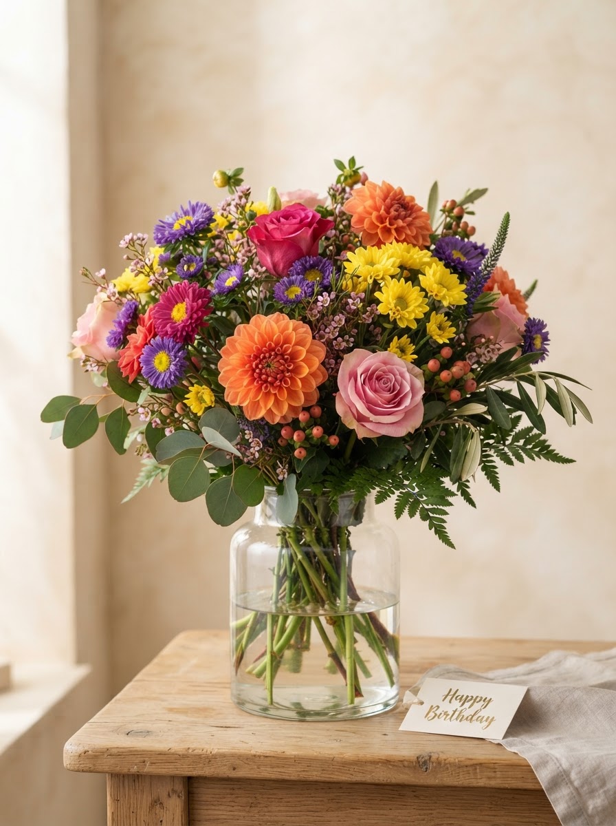 Colorful birthday arrangement of purple asters, orange dahlias, yellow chrysanthemums and pink roses in a clear glass vase