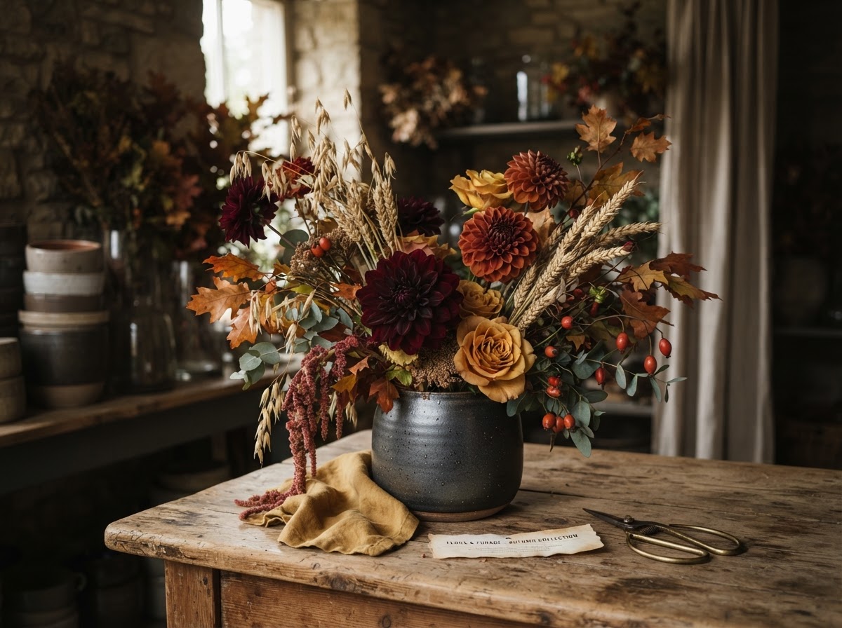 Seasonal autumn arrangement with burgundy dahlias and dried wheat